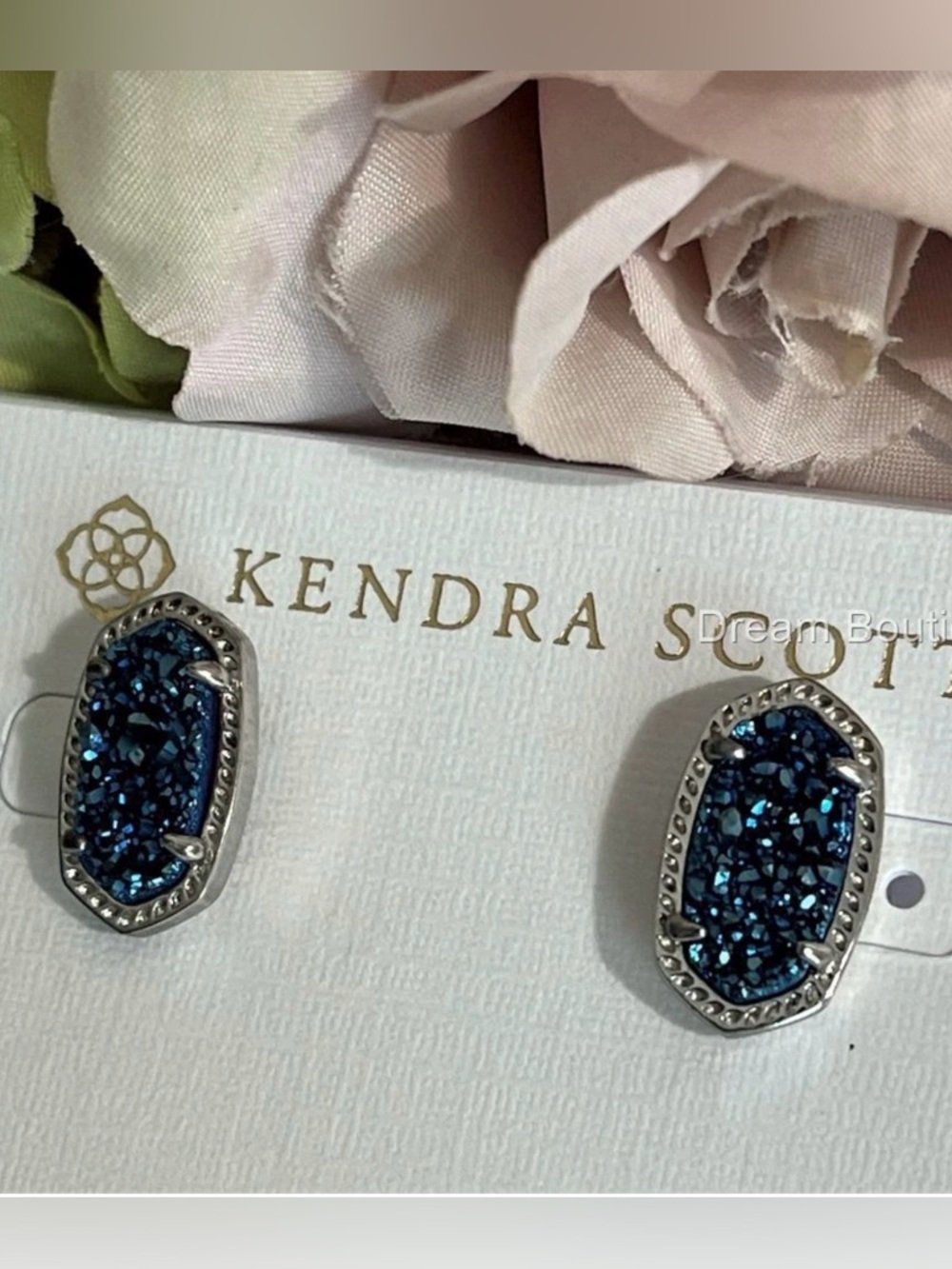NWOT Kendra Scott Ellie Blue Drusy Rhodium Plated Silver Post Earrings
